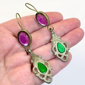 Boho Earrings, Vintage, Middle Eastern, Green, Fuschia, Jeweled, Kuchi,  Afghan